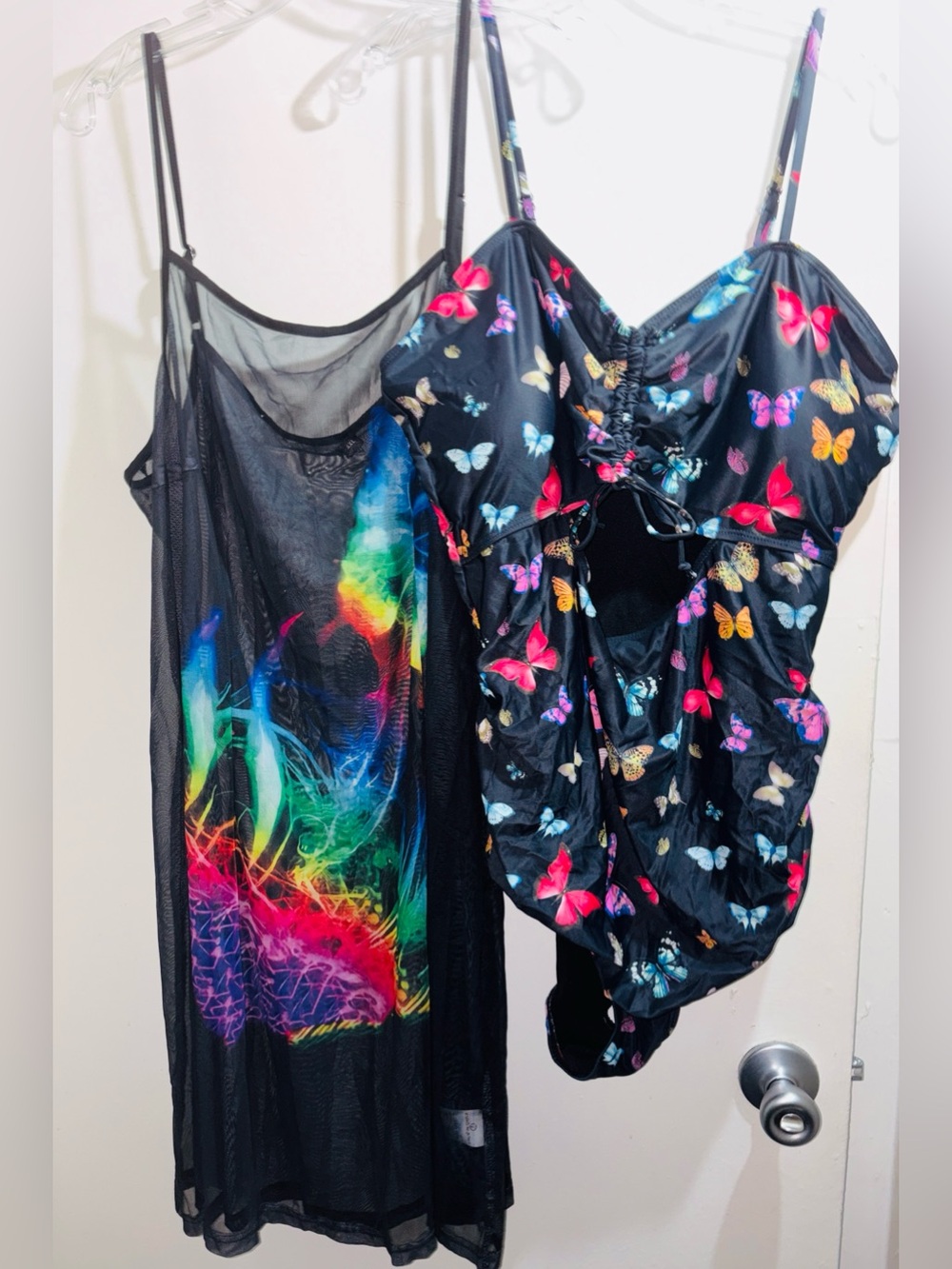 SHEIN Curve Black Butterfly Print One-Piece Swimsuit with Mesh Cover-Up